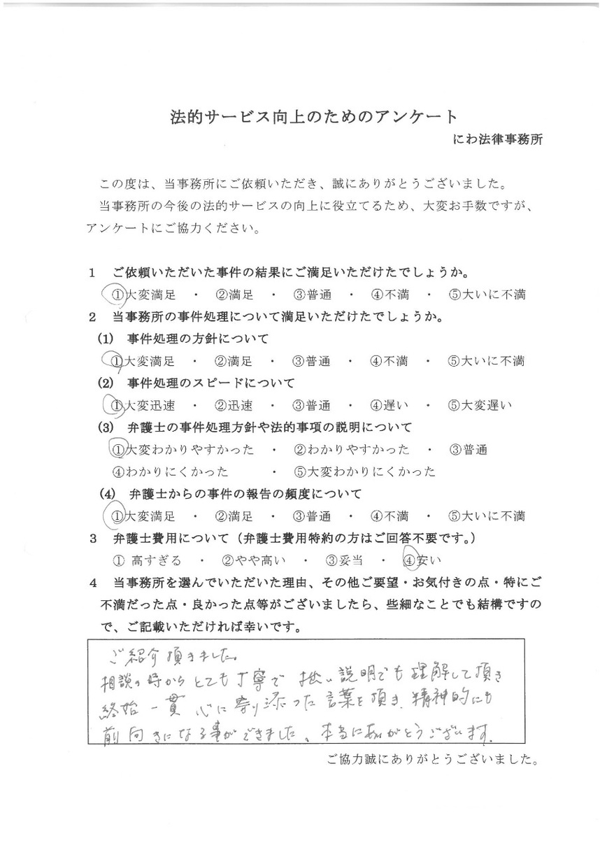 相談の時からとても丁寧で終始一貫心に寄り添った言葉を頂き 精神的にも前向きになることができました 依頼者様の声 にわ法律事務所